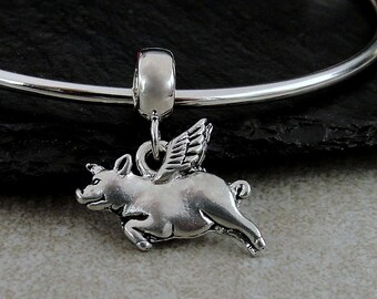 Flying Pig European Dangle Bead Charm - Silver Flying Pig Charm for European Bracelet - When Pigs Fly Charm - Pig Lover Gift - Pig Jewelry