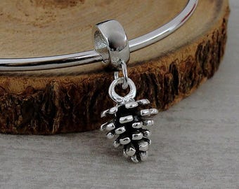 925 Sterling Silver Pine Cone European Charm - Pine Cone Dangle Charm with Bail