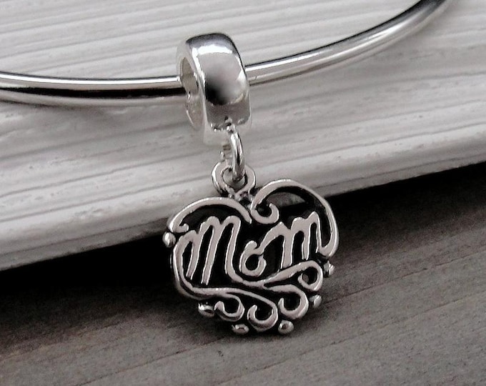 925 Sterling Silver Love Mom Dangle Charm, Mom Heart European Charm, Mother's Day Charm, Mom Bracelet Charm, Mom Large Hole Bead, Mom Gift
