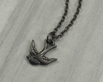 Swallow Necklace, Gunmetal Swallow Charm on a Black Gunmetal Chain