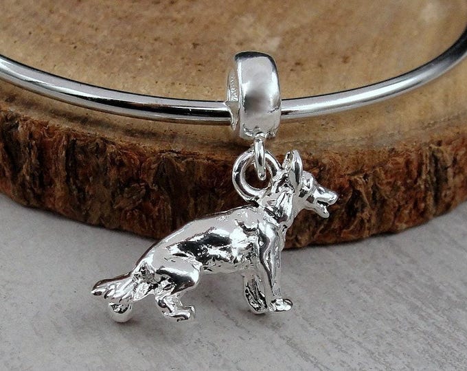 German Shepherd European Charm, Silver German Shepherd Dangle Charm, K-9 Dog Charm, 3D German Shepherd Charm, German Shepherd Big Hole Bead