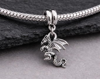 Silver 3D Dragon Charm with European Bead for Snake Chain Bracelets, Flying Serpent Pendant with Bail, Mythical Creature Jewerly