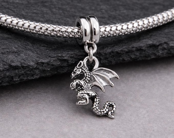 Silver 3D Dragon Charm with European Bead for Snake Chain Bracelets, Flying Serpent Pendant with Bail, Mythical Creature Jewerly