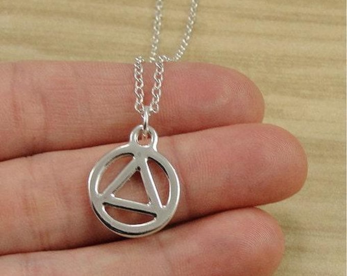AA Recovery Necklace, Silver Recovery Symbol Charm on a Silver Cable Chain