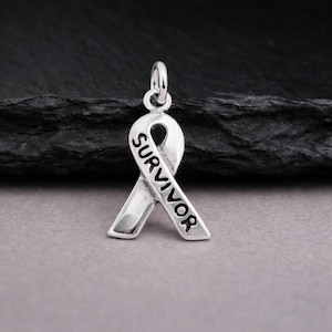 Survivor Ribbon Charm, Sterling Silver Awareness Ribbon for Necklace or Bracelet, Cancer Survivor Pendant, Cancer Survivor Gift Jewelry