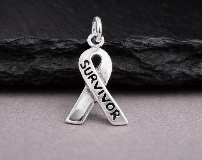 Survivor Ribbon Charm, Sterling Silver Awareness Ribbon for Necklace or Bracelet, Cancer Survivor Pendant, Cancer Survivor Gift Jewelry