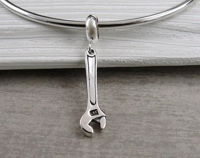 925 Sterling Silver Crescent Wrench Dangle Bead Charm, Crescent Wrench European Charm, Handyman Tool Charm, Bracelet Charm, Large Hole Bead