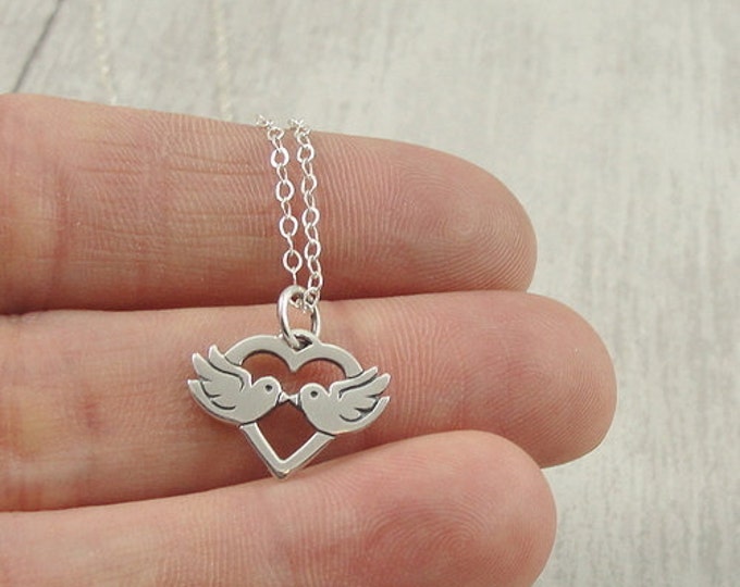 Love Birds Necklace, Sterling Silver Kissing Birds Charm on a Silver Cable Chain