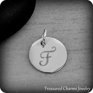 Stainless Steel Letter F Charm, Silver Engraved Letter F Round Disc Initial Charm, Cursive F Charm, Engraved Alphabet Script Font Pendant