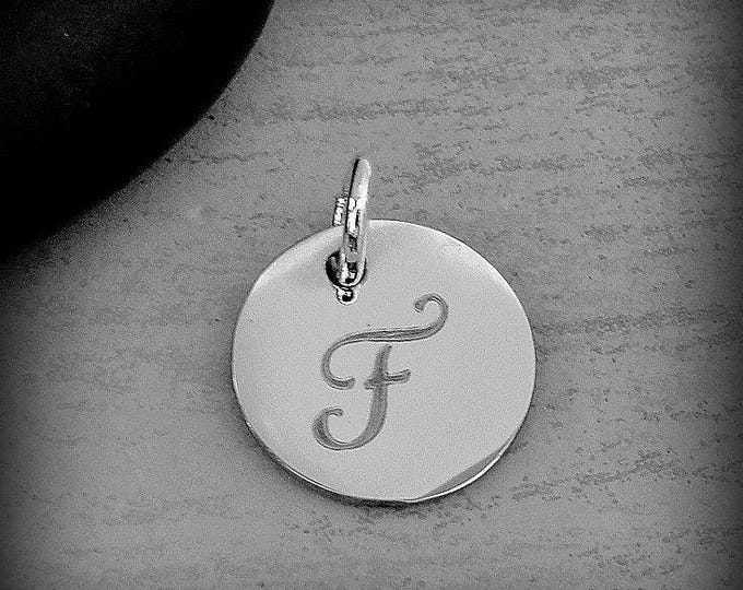 Stainless Steel Letter F Charm, Silver Engraved Letter F Round Disc Initial Charm, Cursive F Charm, Engraved Alphabet Script Font Pendant