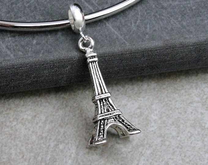 Eiffel Tower European Charm, Silver 3D Eiffel Tower Dangle Charm, 3D Eiffel Tower Charm with Bail, Paris France Charm, Large Hole Bead