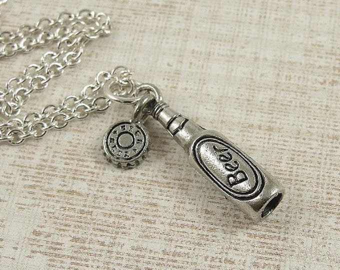 Beer Bottle Necklace - Silver Plated Charm on a 17 inch Cable Chain