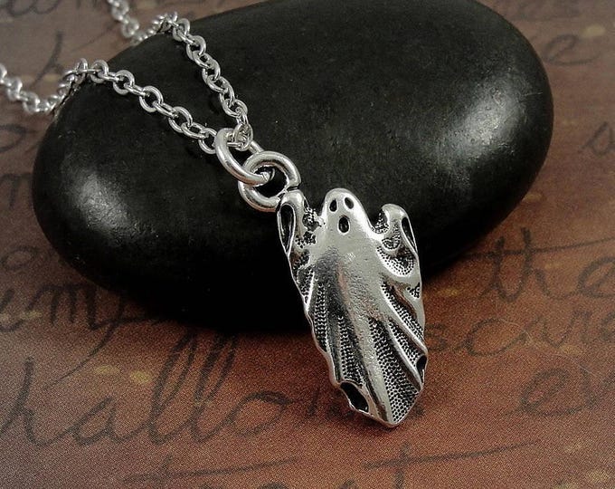 Ghost Necklace, Silver Spooky Ghost Charm on a Silver Cable Chain