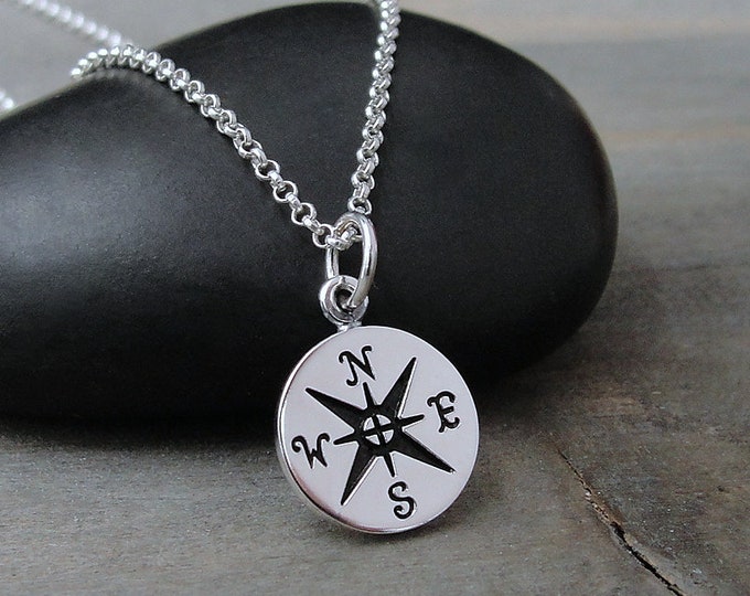 Sterling Silver Compass Necklace, 925 Compass Charm Necklace, Graduation Necklace, Hiking Charm, Camping Charm, Graduation Gift Jewelry