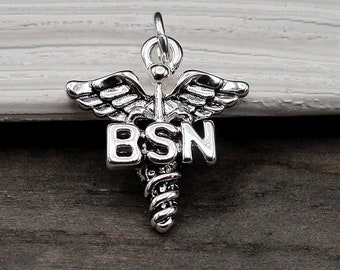 Silver BSN Nurse  Charm, BSN Caduceus Charm, BSN Symbol Charm, Nursing Bachelor of Science Charm, Registered Nurse Charm, Gift for Nurse