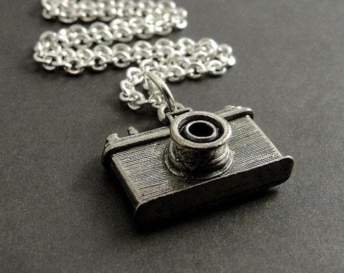 Camera Necklace, Silver Plated Camera Charm on a Silver Cable Chain