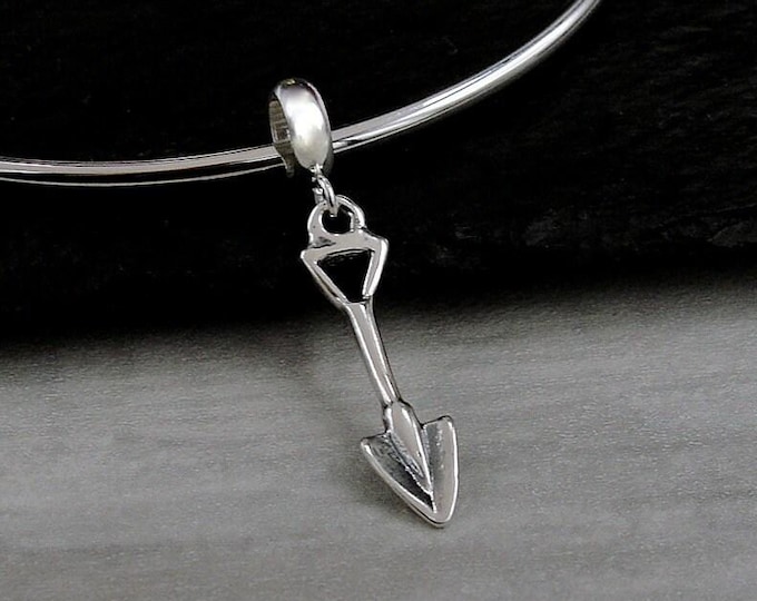 925 Sterling Silver Garden Shovel Dangle Bead Charm, Tiny Shovel European Charm, Gardening Gardener Charm, Bracelet Charm, Large Hole Bead,