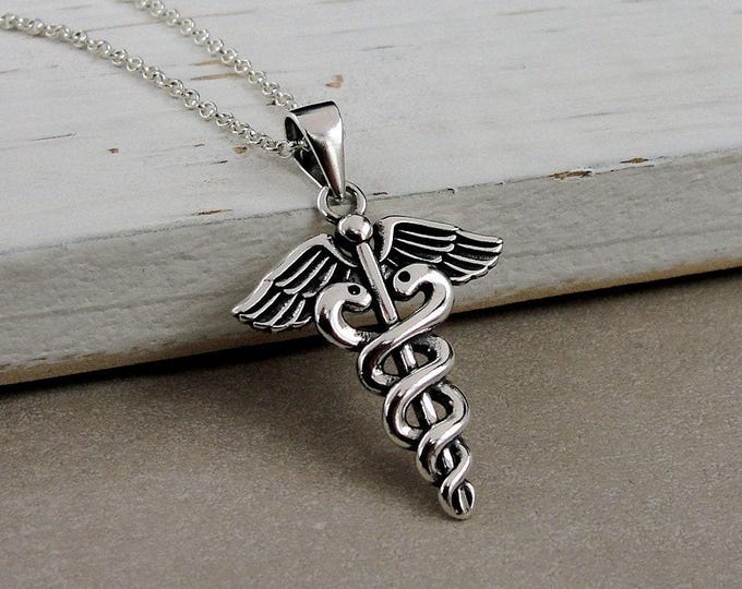Sterling Silver Caduceus Necklace, Medical Caduceus Charm Necklace, Medical Symbol Charm, Caduceus Pendant, Doctor Necklace, Nurse Necklace