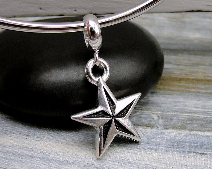 Nautical Star European Charm, Silver North Star Dangle Charm, Nautical Star Charm with Bail, Snake Bracelet Charm, Large Hole Bead