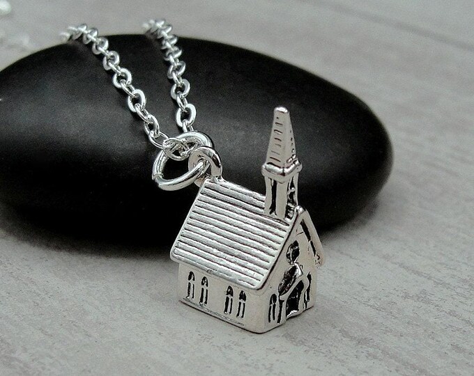 Church Necklace, Silver Plated 3D Church Charm Necklace, Wedding Chapel Charm Necklace, Religion Charm, Bible School Charm, Religion Gift