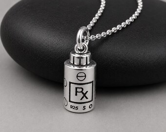 Sterling Silver 3D RX Pill Bottle Necklace, Pharmacy RX Charm, Medical Pendant, Pharmacist Necklace, Gift for Pharmacist Jewelry