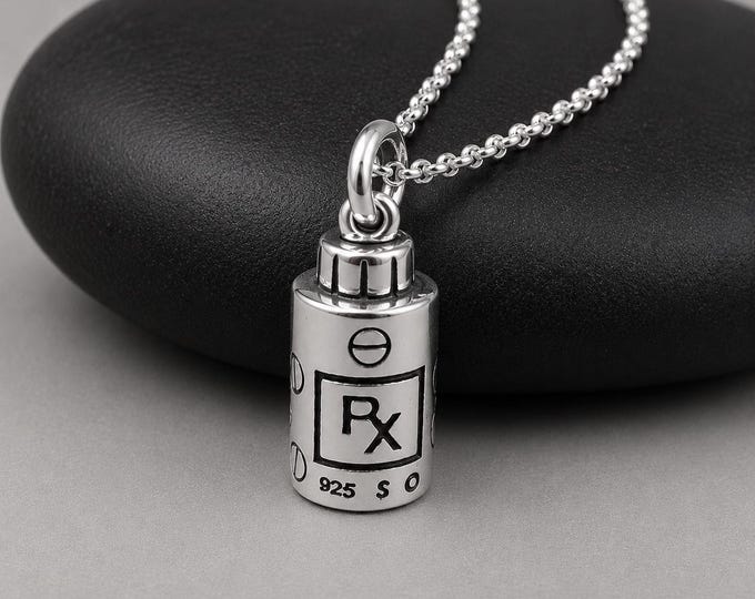 Sterling Silver 3D RX Pill Bottle Necklace, Pharmacy RX Charm, Medical Pendant, Pharmacist Necklace, Gift for Pharmacist Jewelry