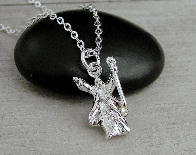 Wizard Necklace, Silver Plated Wizard Charm Necklace, Warlock Necklace, Sorcerer Necklace, Sorcerer Charm, Wizard Gift, Wizard Jewelry