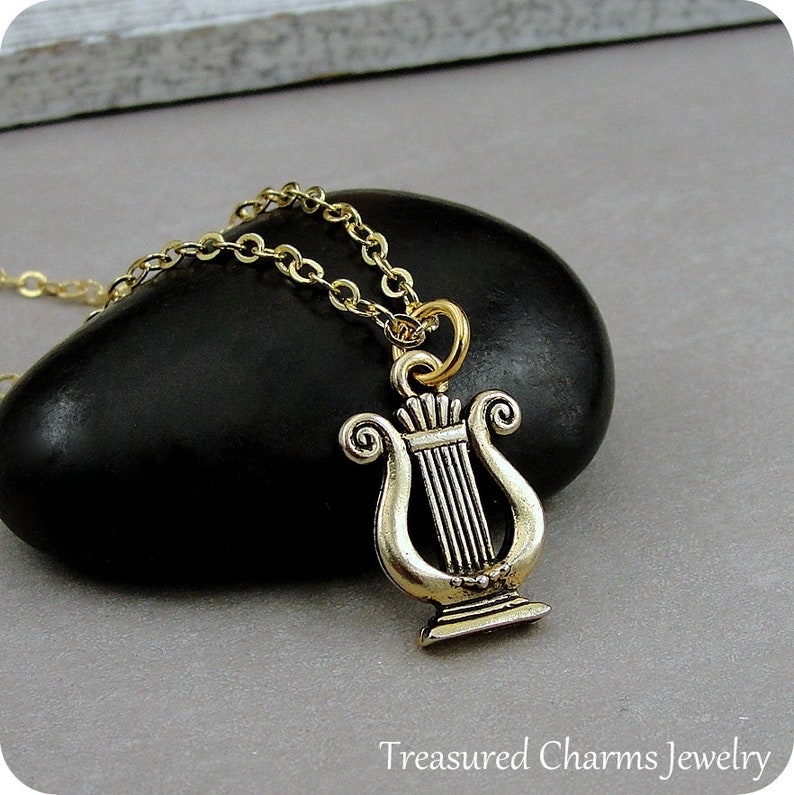 Gold Lyre Charm Necklace Lyre Necklace Greek Lyre Jewelry Sorority Necklace Ancient Harp Necklace Sorority Gift Musical Lyre Charm
