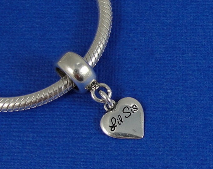 CLOSEOUT - Little Sister Heart European Dangle Bead Charm - Sterling Silver Lil Sis Charm for European Bracelet