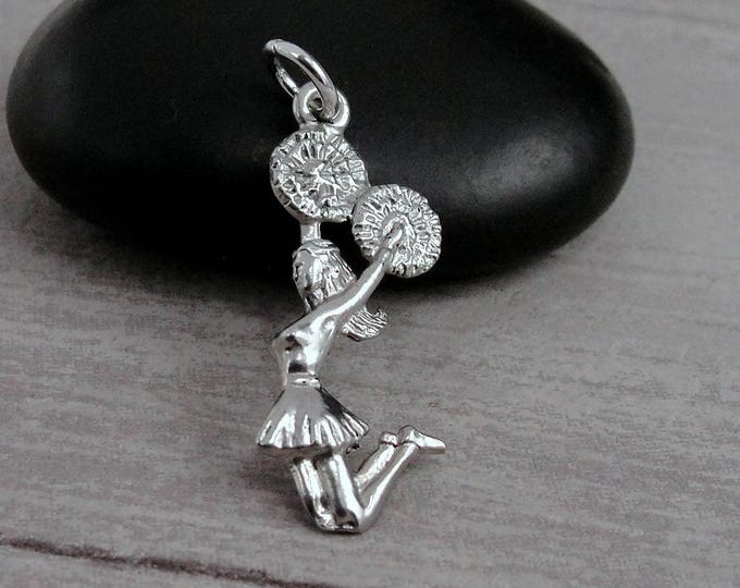 Cheerleader Charm, Silver Cheerleader Necklace Charm, Cheerleader with Pom Poms Charm, Cheerleading Charm, Cheerleader Gift, Cheer Team Gift