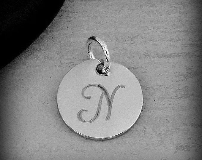 Stainless Steel Letter N Charm, Silver Engraved Letter N Round Disc Initial Charm, Cursive N Charm, Engraved Alphabet Script Font Pendant