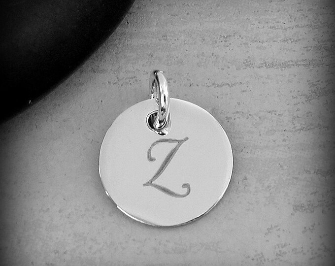 Stainless Steel Letter Z Charm, Silver Engraved Letter Z Round Disc Initial Charm, Cursive Z Charm, Engraved Alphabet Script Font Pendant