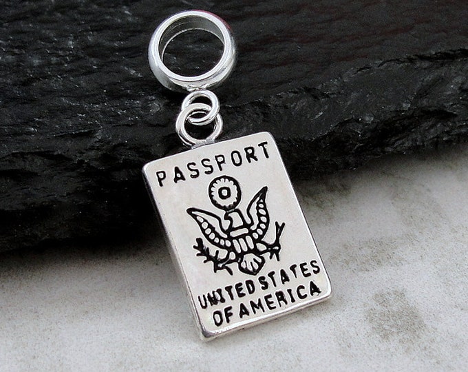 USA Passport European Charm, Sterling Silver Passport Dangle Charm, USA Travel Charm with Bail, Snake Bracelet Charm, Large Hole Bead