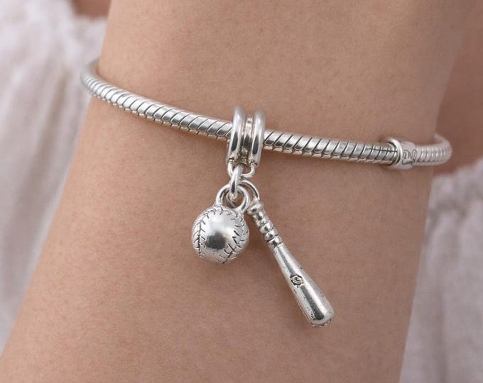 Silver 3D Baseball and Bat Dangle Charm, Softball Pendant with Bead Bail, fits European style Bracelets