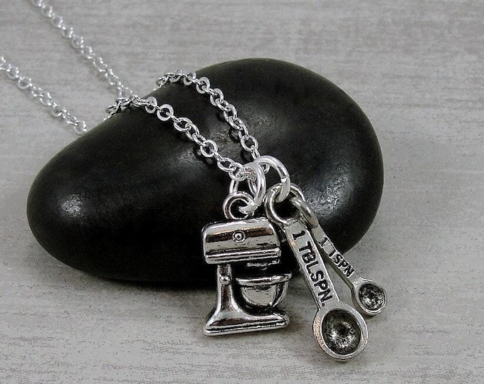 Baking Necklace, Silver Kitchen Mixer Necklace, Measuring Spoons Necklace, Culinary School Gift, Baking Gift, Cooking Gift, Chef Gift