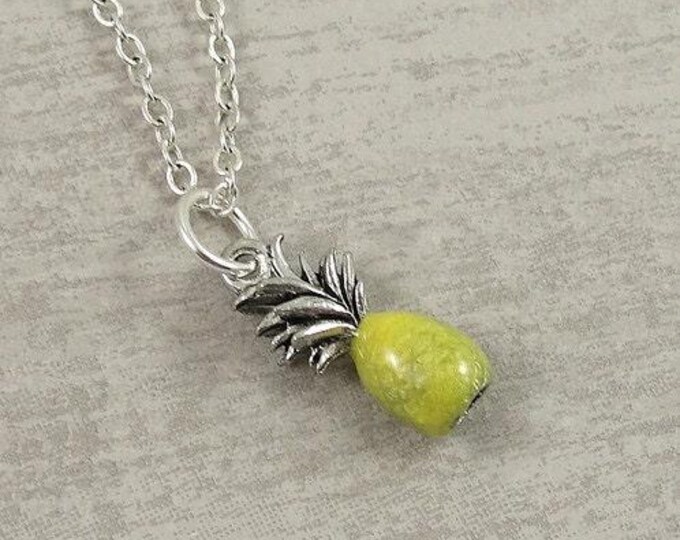 Tiny Yellow Pineapple Necklace, Silver and Golden Pineapple Charm on a Silver Cable Chain