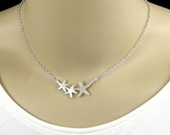 Starfish Necklace, Silver Trio of Starfish Charm on a Silver Cable Chain