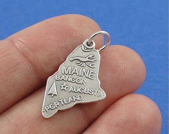 Road Trip Charm Sterling Silver State Charm Augusta and Portland Sterling Silver Maine State Charm