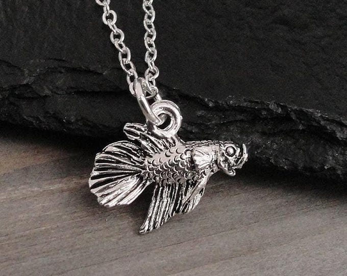 Betta Necklace, Silver 3D Betta Fish Charm Necklace, Siamese Fighting Fish Necklace, Betta Charm, Betta Pendant, Betta Fish Gift Jewelry