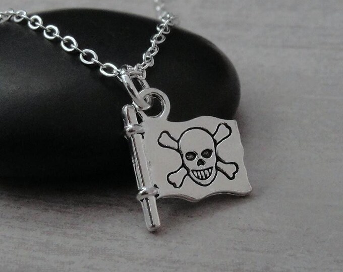 Jolly Roger Necklace, Silver Plated Pirate Flag Necklace, Jolly Roger Charm, PIrate Flag Charm, Pirate Jewelry, Pirate Gift