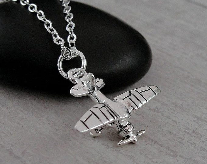 Biplane Necklace, Silver Plated Biplane Charm on a Silver Cable Chain