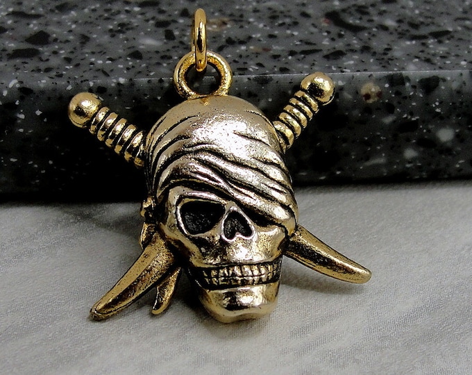 Pirate Skull Charm, Gold Pirate with Swords Charm, Necklace Charm, Bracelet Charm, Pirate Jewelry, Pirate Gift, Pirate Themed Charms