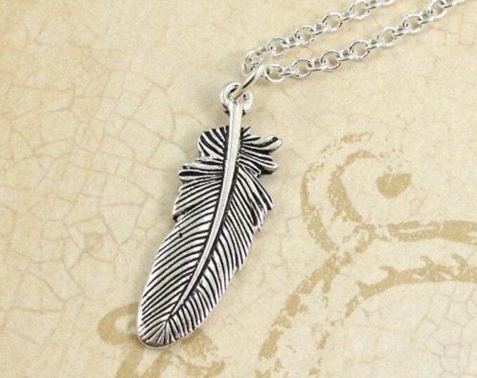 Feather Necklace, Silver Feather Charm on a Silver Cable Chain