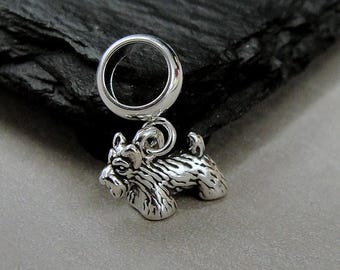 925 Sterling Silver Scottish Terrier Dangle Bead Charm, Tiny Scottie Dog European Charm, Bracelet Charm, Large Hole Bead, Scottie Dog Gift