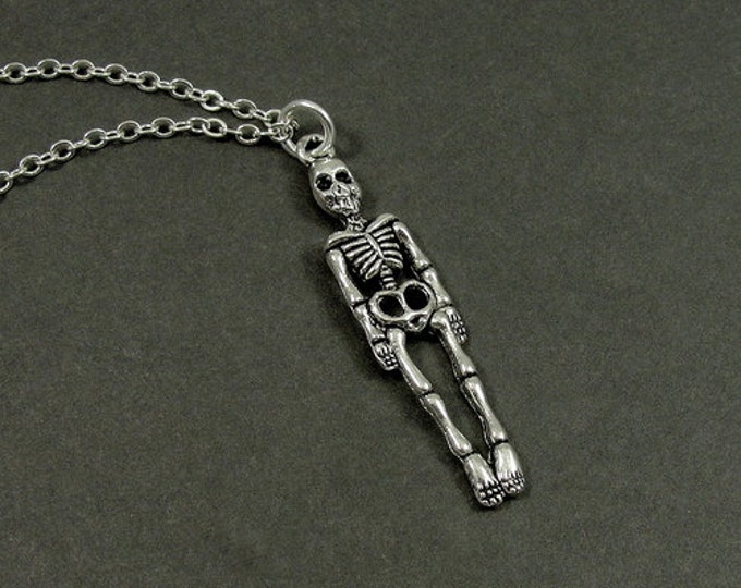 Human Skeleton Necklace, Silver Skeleton Charm on a Silver Cable Chain