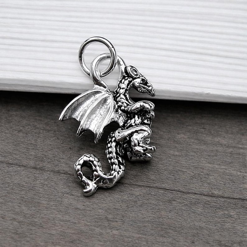 Dragon Charm, Silver 3D Dragon Pendant for Necklace or Bracelet, Mythical Charm, Fantasy Jewelry, Flying Serpent Pendant image 1