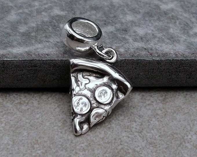 925 Sterling Silver Pepperoni Pizza Dangle Charm, Slice of Pizza European Charm, Pizza Charm, Pizza Charm with Bail, Pizza Large Hole Bead