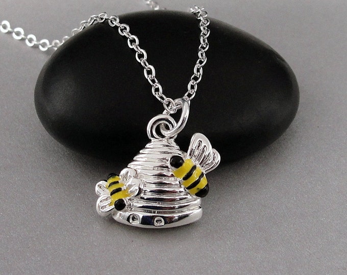 Silver Beehive Necklace, Honey Bee Necklace, Beehive Pendant, Bee Charm, Beekeeper Charm, Bumble Bee Charm Necklace, Bee Lover Gift