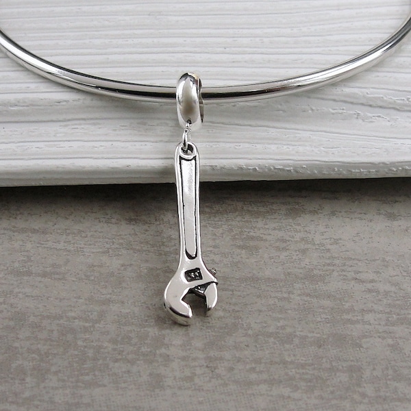 925 Sterling Silver Crescent Wrench Dangle Bead Charm, Crescent Wrench European Charm, Handyman Tool Charm, Bracelet Charm, Large Hole Bead