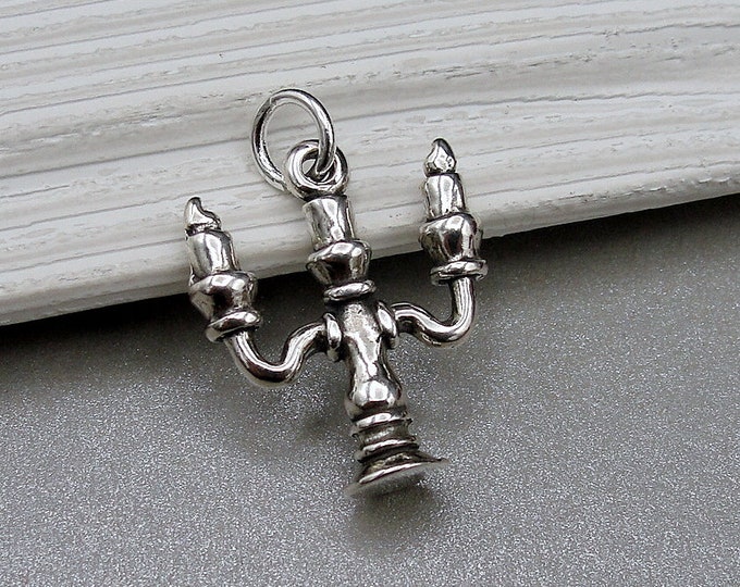 Candelabra Charm, 925 Sterling Silver 3D Candlesticks Charm for Necklace or Bracelet, 3D Candle Holder Charm, 3D Candelabra Pendant